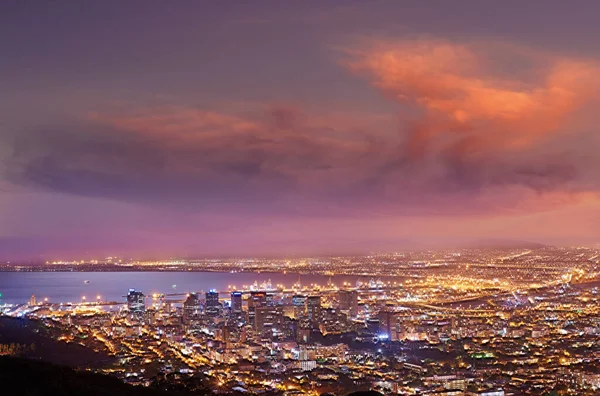 City Lights Cape Town Sunset Dreamy Panoramic Coastal Urban Landscape — ストック写真