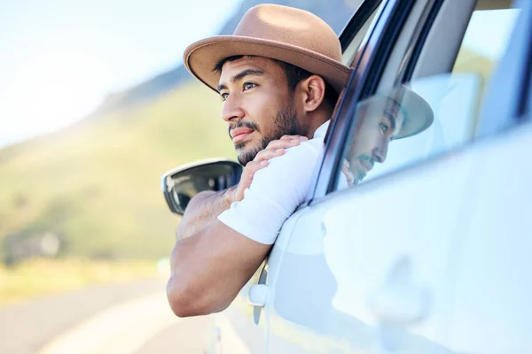 Shot Young Man Enjoying Adventurous Ride Car —  Fotos de Stock