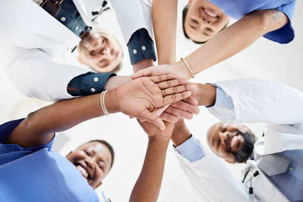 Shot Group Medical Practitioners Joining Hands Together Huddle —  Fotos de Stock