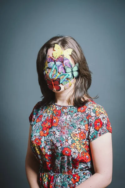 Young Woman Wearing Mask Grey Background Studio — Zdjęcie stockowe