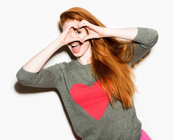 Shot Young Woman Creating Heart Shape Studio Background —  Fotos de Stock