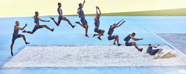 A sequence of a fit male athlete jumping in a sandpit competing in the long jump. Professional athlete or track racer during long or triple jump attempt is a competitive sports event or training.