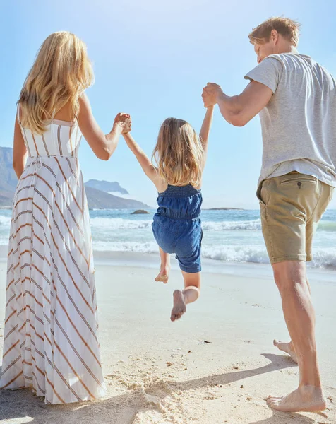 Family Enjoying Fun Day Beach Playing Little Girl Rear View — Foto de Stock