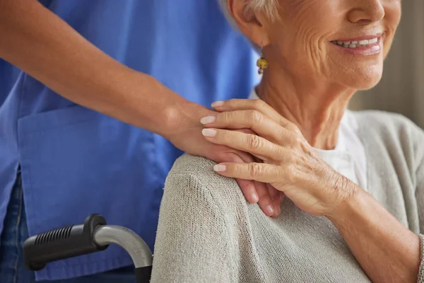 Closeup Doctor Comforting Supporting Patient Holding Hands Healthcare Professional Showing — Stockfoto