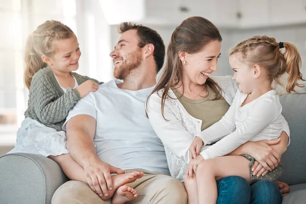 Shot Young Family Bonding Together Sofa Home — Foto Stock