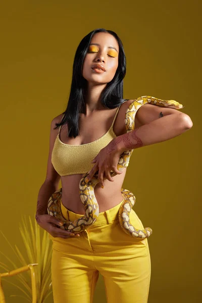Fényképezett Egy Divatos Kezében Egy Kígyó Modellezés Közben Egy Sárga — Stock Fotó