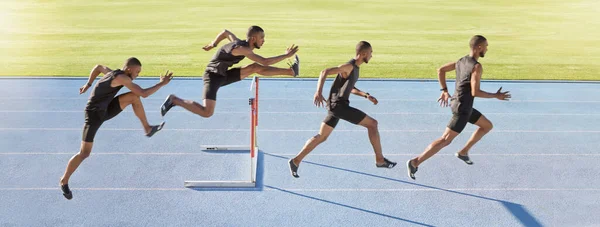 Male Athlete Jumping Hurdle Sequence Fast Professional Sprinter Active Track — Stok fotoğraf
