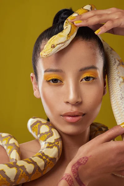 Shot of a young woman posing with a snake around her neck against a yellow background.