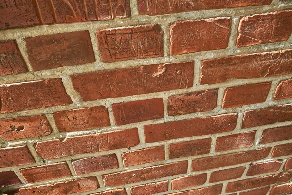 Closeup Weathered Red Brick Wall Copy Space Exterior Home House — Fotografia de Stock