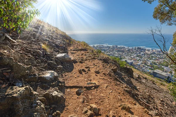 Remote mountain hiking trail on Table Mountain. Mountainous walking path surrounded by bushes and trees. Pathway on a mountaintop. Popular tourist attraction in Cape Town. Walking trails to explore.