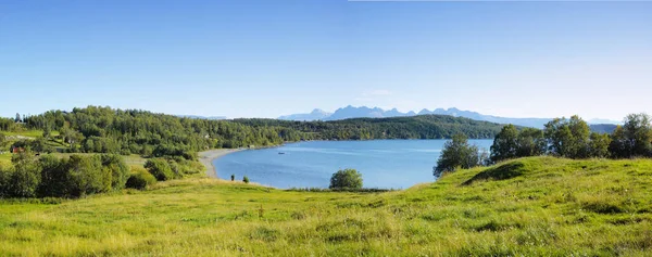 Landscape Lake Trees Field Green Hills Seaside Blue Sky Norway — Stock Fotó