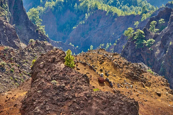 Rocky landscape of mountains and hills in the remote area of La Palma, Canary Islands, Spain. Scenic view of mother nature, dirt and flora. Serene, tranquil, calm, zen, beauty in nature.