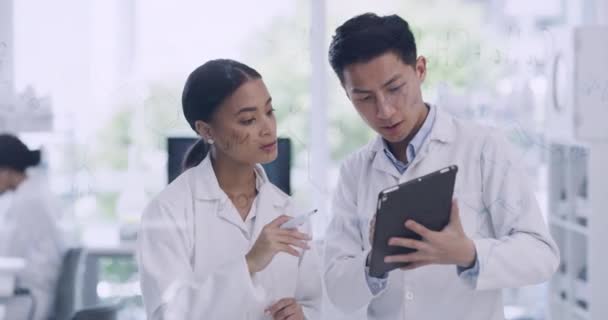 Two Scientists Working Together Using Tablet Modern Lab Male Female — Vídeos de Stock