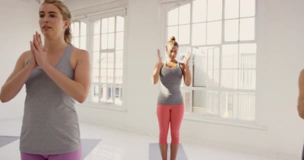 Video Footage Group Young Woman Exercising Yoga Studio Together — Vídeos de Stock