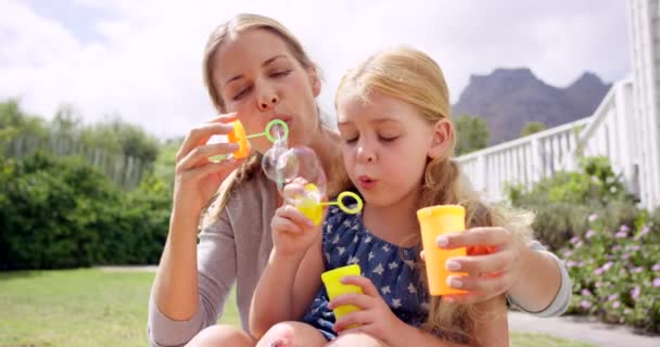 Video Footage Little Girl Her Mother Blowing Bubbles Together Outdoors — Stok video