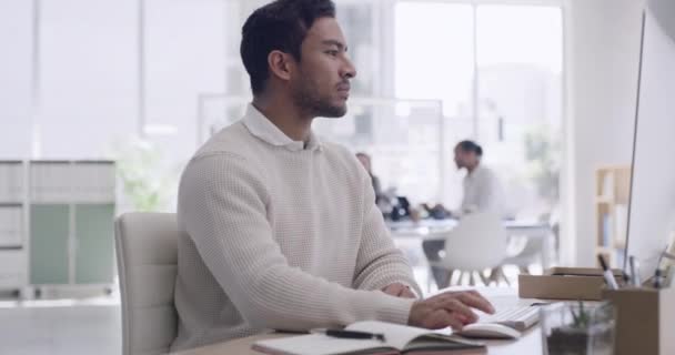 Young Businessman Using Computer Trendy Modern Office Portrait Entrepreneur Happy — Vídeos de Stock