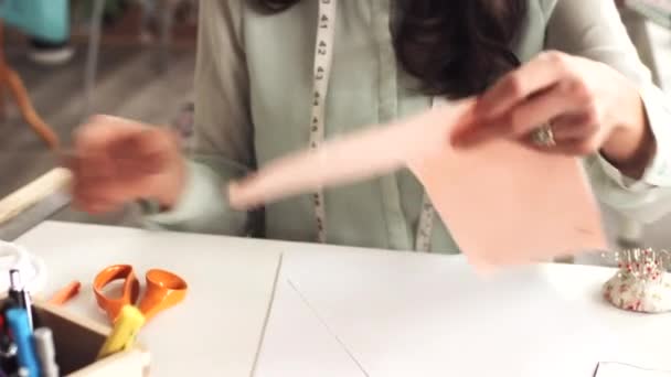 Video Footage Designer Testing Out Fabric Swatches Garment Her Office — 图库视频影像