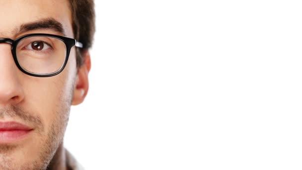 Video Footage Young Man Wearing Glasses White Studio Background — Stockvideo