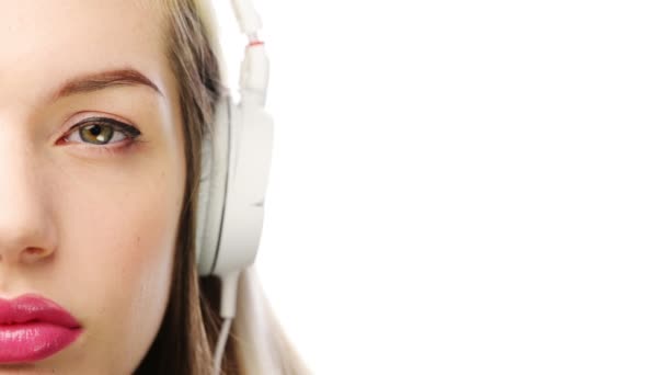 Video Footage Young Woman Using Headphones White Studio Background — Stok video