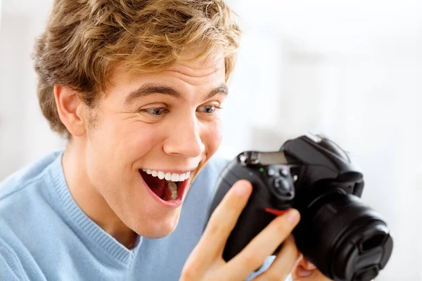 Shot Young Man Using His Digital Camera Home — Foto de Stock