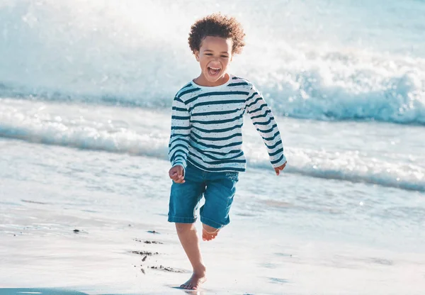 Shot Adorable Little Boy Running Beach — Stock Photo, Image