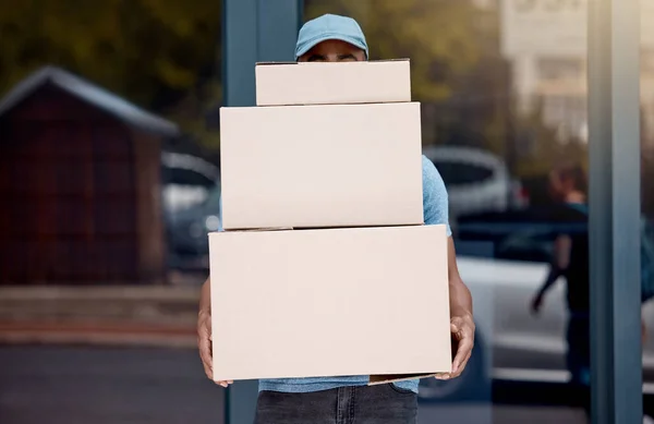 Shot Young Delivery Man Holding Pile Boxes — Zdjęcie stockowe