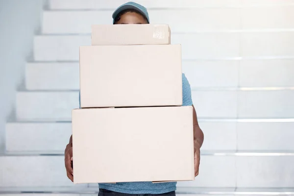 Shot Young Delivery Man Holding Pile Boxes — Zdjęcie stockowe