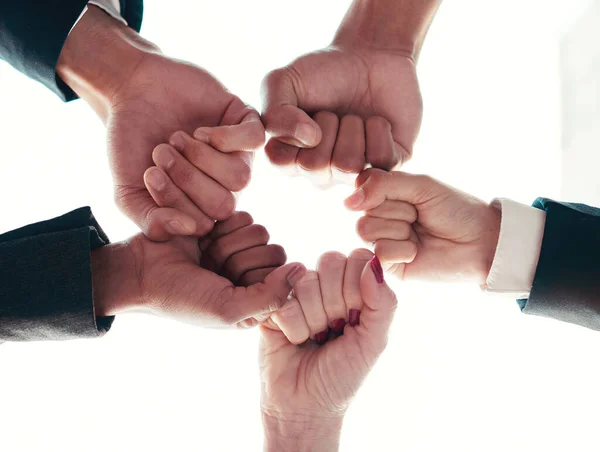 Low Angle Shot Group Unrecognizable Businesspeople Joining Hands Together Unity — Stock Photo, Image