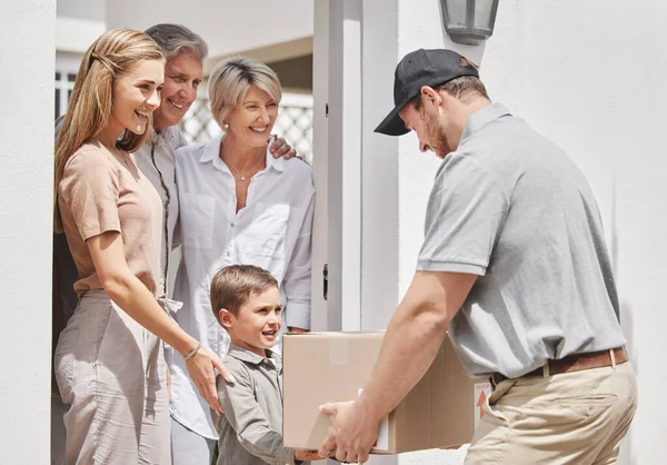 Cropped Shot Adorable Little Boy Collecting His Familys Delivery Male — Foto Stock