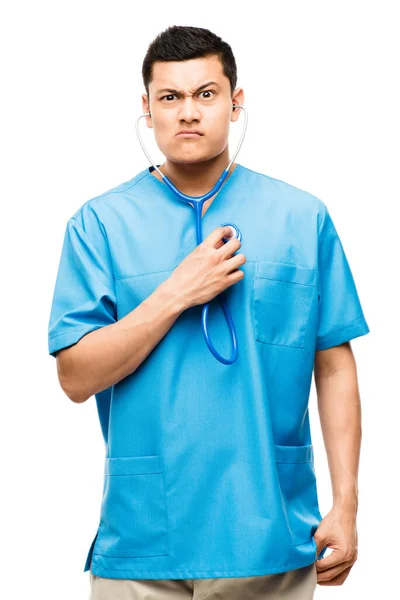 Shot Young Male Nurse Using His Stethoscope Studio Background — Stockfoto