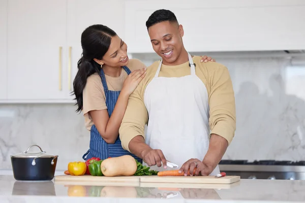 Young Loving Latin Couple Cooking Healthy Dinner Together Home Loving — Zdjęcie stockowe