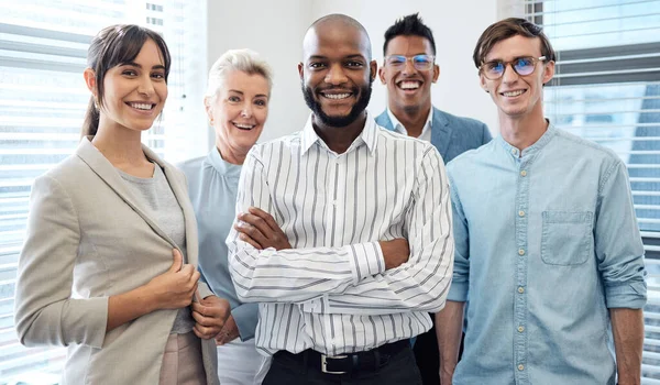 Portrait Group Confident Businesspeople Standing Together Office — Stockfoto