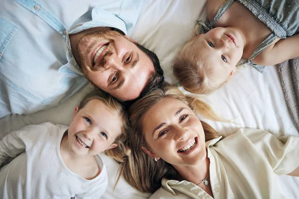 Portrait Beautiful Young Family Talking Bonding Bed Together — Photo
