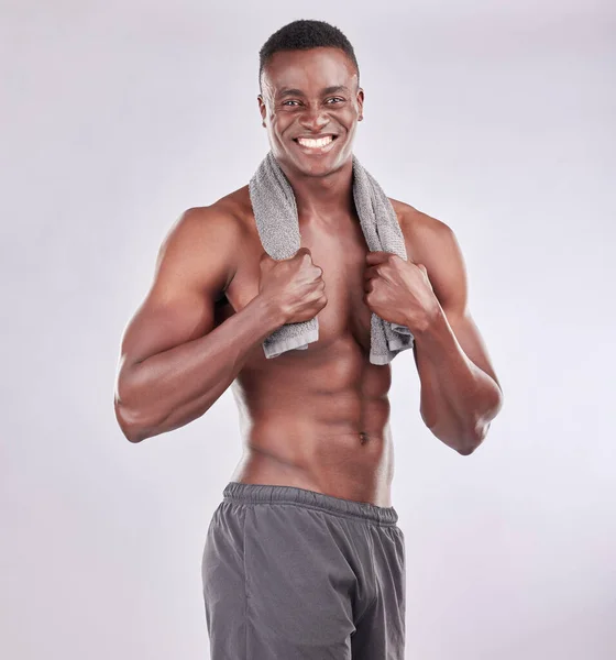 Studio Portrait Muscular Young Man Posing Towel His Neck Grey — Foto de Stock