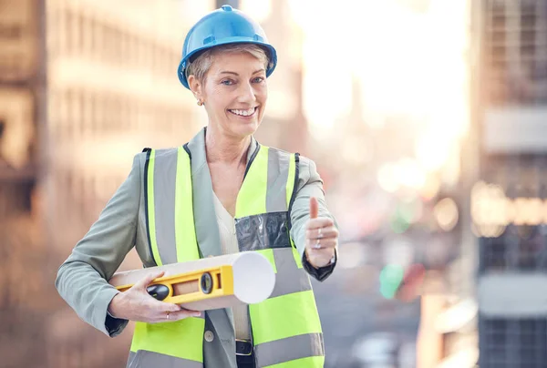 Cropped Portrait Attractive Female Construction Worker Giving Thumbs While Standing — 스톡 사진