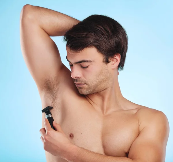 Shot Young Man Shaving His Armpits Studio Background — Stock Fotó