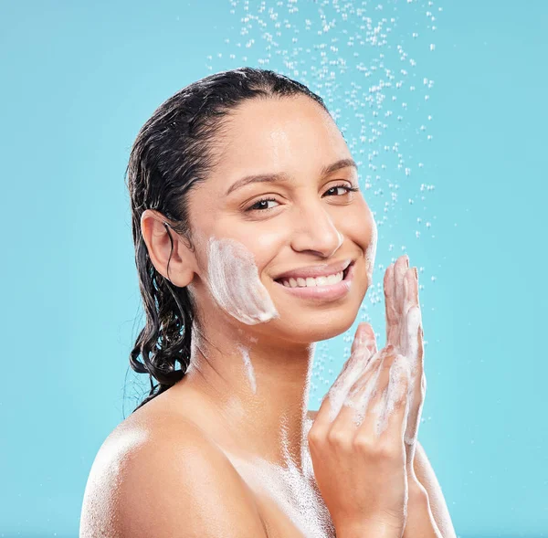 Shot Young Woman Washing Her Face Blue Background —  Fotos de Stock