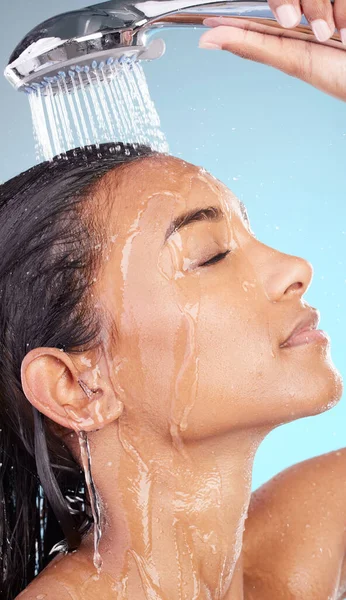 Shot Young Woman Washing Her Hair Shower Blue Background — Photo