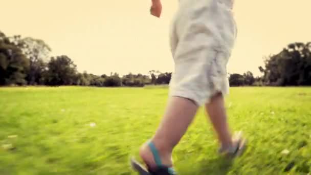 Videobeelden Van Een Kleine Jongen Die Door Het Park Loopt — Stockvideo