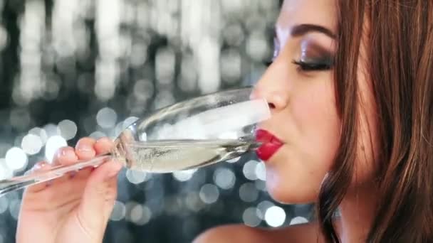Video Footage Young Woman Enjoying Glass Champagne Studio Background — Stockvideo