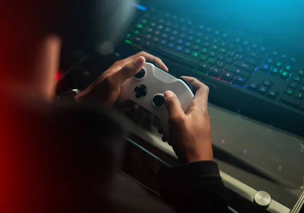 Cropped Shot Unrecognizable Male Gamer Playing Video Games Dark Room — 스톡 사진