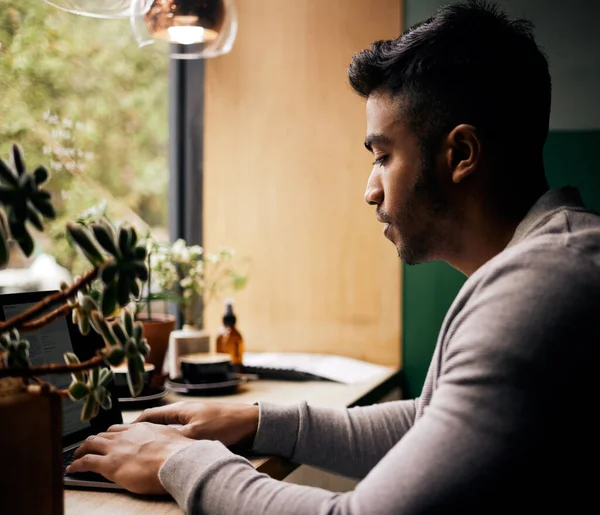 Young Mixed Race Man Student Browsing Laptop Cafe One Indian — Fotografia de Stock