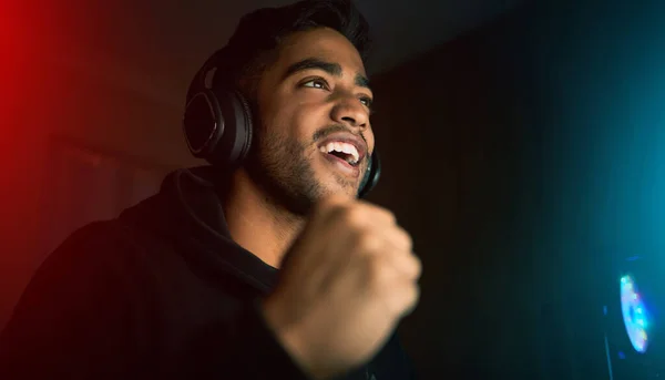 Cropped Shot Handsome Young Male Gamer Playing Video Games Dark — Stock Fotó