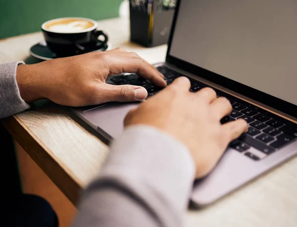 Closeup Unknown Mixed Race Man Sitting Alone Cafe Using Laptop — Zdjęcie stockowe