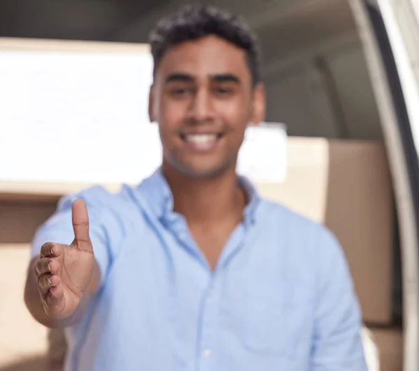 Closeup Shot Delivery Man Extending Handshake While Loading Boxes Van — Stockfoto