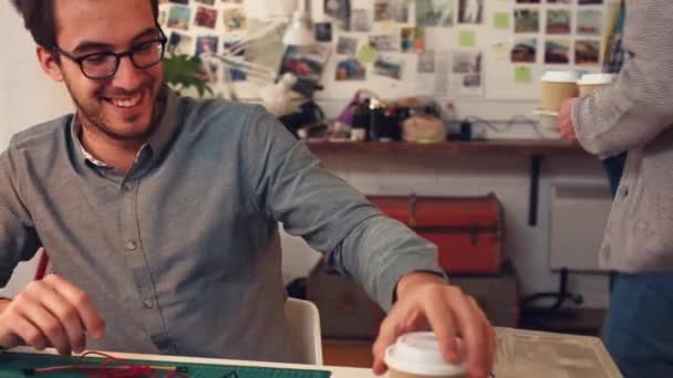 Video Young Designer Getting Coffee Colleague While Working Circuit Board — Vídeo de stock