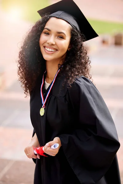 Portrait Young Woman Wearing Medal Graduation Day — 图库照片