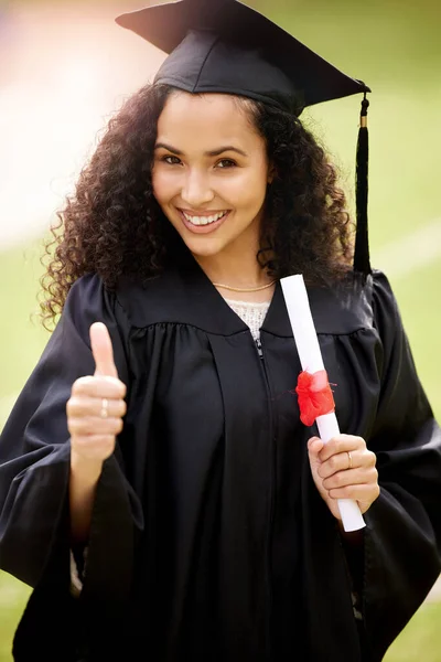Portrait Young Woman Showing Thumbs Graduation Day — ストック写真