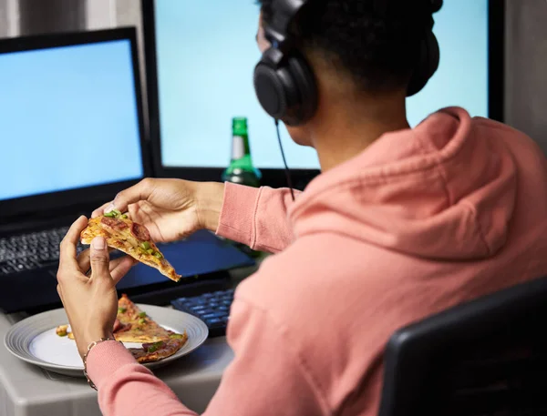 Rearview Shot Young Man Eating Pizza While Playing Video Games — Stock Fotó