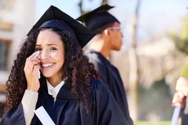 Portrait Young Woman Crying While Celebrating Her Graduation — Foto Stock